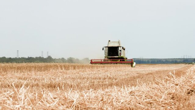 Large harvester with red header harvesting wheat field