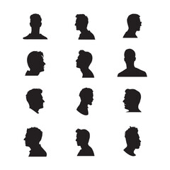 Vector Silhouette set of heads of Men, boys face vector illustration. Caucasian, Black