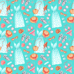 Sea travel watercolor seamless pattern. Women's summer wardrobe. Beachwear. Dress, swimsuit, straw hat, flip-flops, bag. Travel, tourism, sea. Blue background. For printing on textiles, fabric