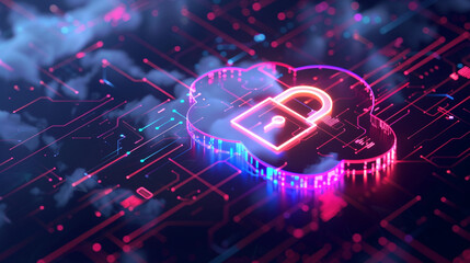 Abstract illustration of cloud security services cloud icon integrated with a secure padlock symbol

