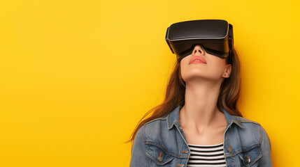 Fototapeta premium A woman wearing a virtual reality headset against a yellow background. Copy space.