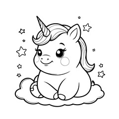 Cute vector illustration Unicorn drawing for kids colouring activity