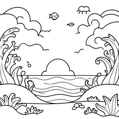 Simple vector illustration of Ocean drawing colouring activity