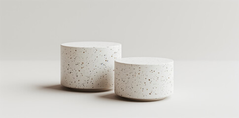 two white terrazzo cylinder podiums in different sizes, on white background, minimalism