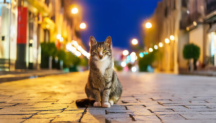 Cat on street at night looking at viewer.