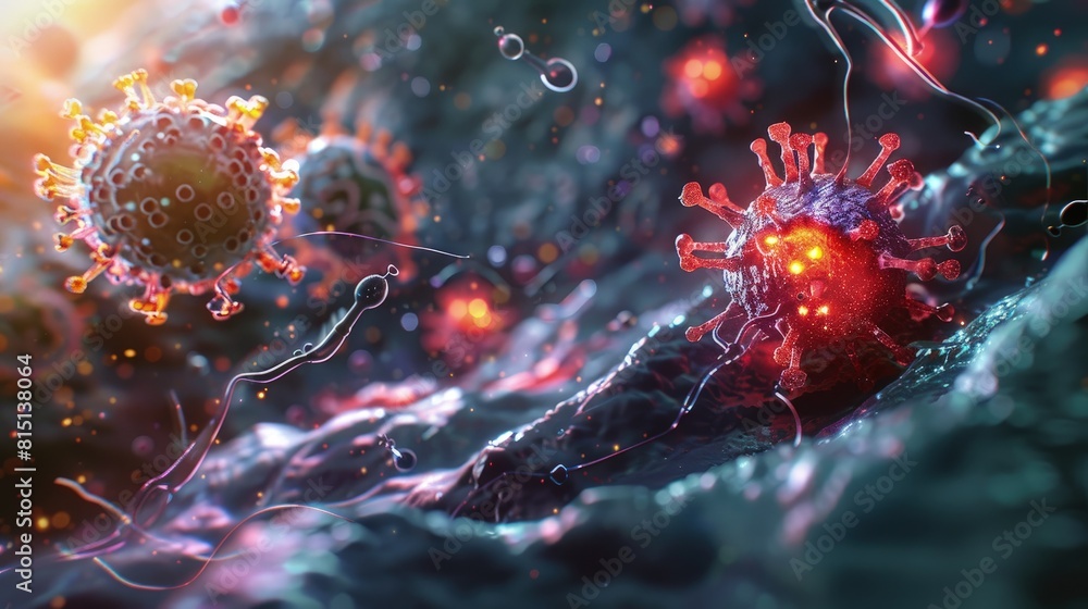 Poster visualization of a complex viral assembly process within a host cell in a research lab.