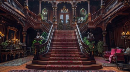 Obraz premium Victorian era mansion tour, opulent decorations, lush gardens, guided historical narrative.