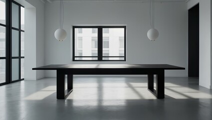 An empty room with large windows, featuring a black Generative AI