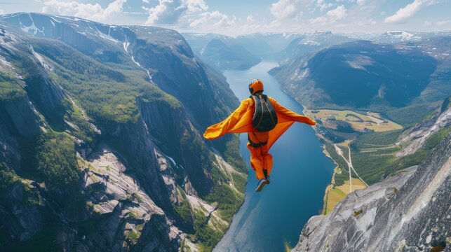  Wingsuit flying over the fjords of Norway, bird-like flight, spectacular scenery, extreme sport.