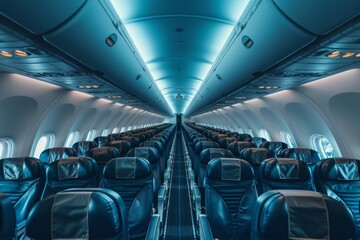 Empty airline seats showcasing spacious cabin ambiance