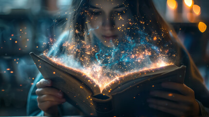 person reading a book, with knowledge visibly flowing from the pages into their brain.