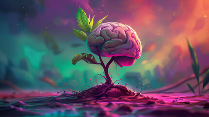 A seedling sprouting from a brain, symbolizing the planting of a seed of knowledge that will grow into understanding