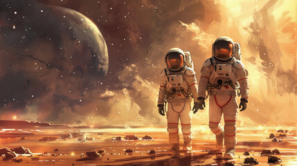 Astronauts on a vast expanse of Mars