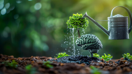 A watering can of brain, representing knowledge nurturing creativity and growth.