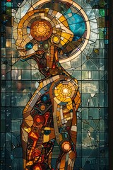 Obraz premium A colorful, abstract painting of a robot with a face and hands