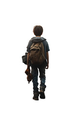 Fototapeta premium Post apocalyptic dystopian survivor boy child kid walking away. Full view. Standing, Back rear view. Isolated transparent PNG background. Ideal for book covers, movie posters and much more. 