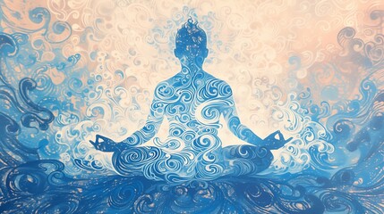 A person sitting cross-legged with their body made of swirling shapes and patterns like waves or clouds, expressing a sense of tranquility and being at one with the universe. Generative ai