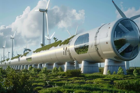 A long train of wind turbines with a green roof. The train is surrounded by a lush green field