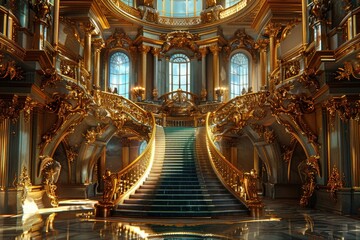 A large, ornate building with gold accents and a grand staircase. The staircase is very long and has gold railings. The building appears to be a palace or a large, luxurious home © At My Hat
