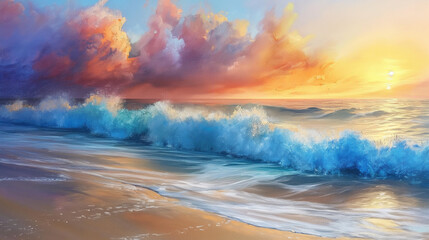 detailed seascape painting, capturing the beauty of a tranquil beach at sunset, complete with crashing waves, golden sand, and colorful sky