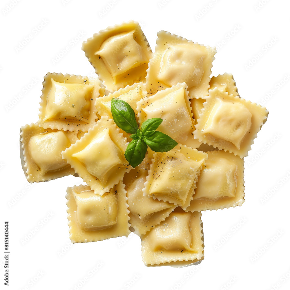 Poster a collection of ravioli neatly stacked on a white surface, a plate of ravioli isolated on transparen
