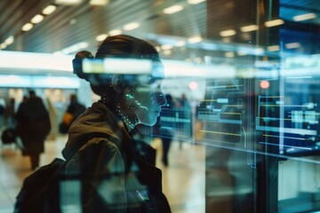 Woman at airport uses future facial recognition technology, depicted by digital face map overlay, symbolizing futuristic travel security