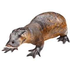A toy pygmy crocodile placed on a plain white surface, a platypus isolated on transparent background