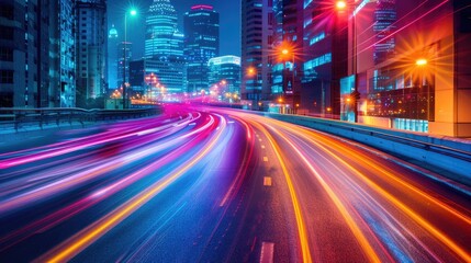 Naklejka premium A city street with a bright neon sign in the background. The street is busy with cars and the lights are on