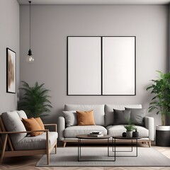  Frame mockup, Living room wall poster mockup. Interior mockup with house background. Modern interior design. 3D render 