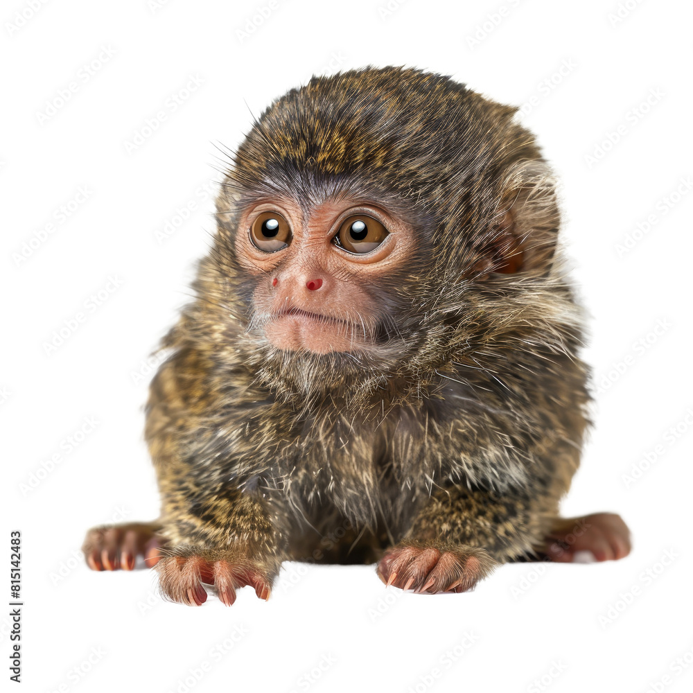 Poster A baby pygmy marmoset sitting in front of a Png background, a pygmy marmoset isolated on transparent background