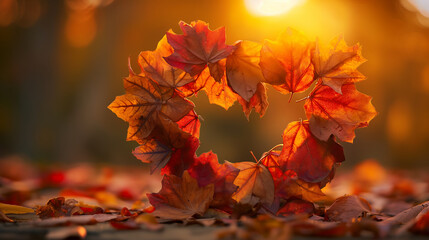 A heart-shaped arrangement of colorful autumn leaves, captured against a backdrop of golden sunlight, symbolizing the beauty and abundance found in expressing gratitude for the cha