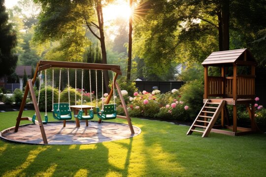Sunlit backyard with wooden swing set and playhouse on a summer day