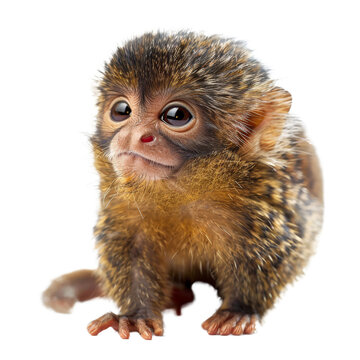 A tiny pygmy marmoset sits calmly on a plain Png background, a pygmy marmoset isolated on transparent background