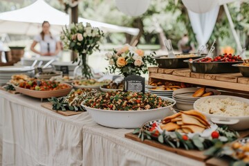 A buffet table with a variety of food. The table is set up for a party or gathering