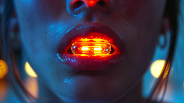 Close-up of a person consuming a power energy capsule, a pill supplement for enhancing vitality