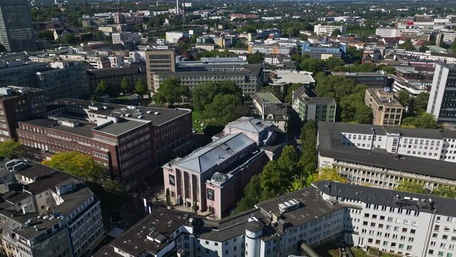 Aerial drone view of Grillo Theater in Essen, Germany. Grillo-Theater is a theatre located in Hirschlandplatz in Essen. 