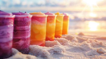 Row of colorful smoothies on beach at sunset
