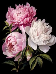 pink and white peonies watercolor drawing on black background