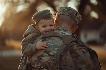 Soldier coming home from tour, hugging family members