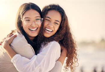 Lesbian, hug and laugh in outdoor for love, travel and comedy for bonding or funny humor. Couple,...