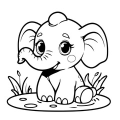 Vector illustration of a cute Elephant drawing for kids colouring page
