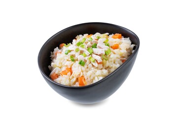 Asian rice chicken soup with carrots and celery in a bowl on a white isolated background
