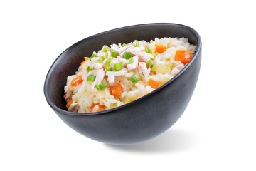 Asian rice chicken soup with carrots and celery in a bowl on a white isolated background