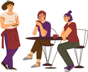 Waitress serving coffee to customers in a coffee shop. Coffee business concept.