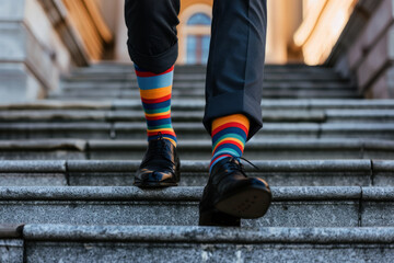 Fototapeta premium Close up photo of a man wearing black shoes and different pair of colorful striped socks,
