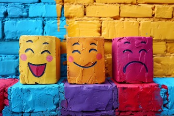 Three painted smiling cubes on vibrant bricks