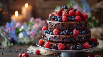 A chocolate cake with berries and flowers