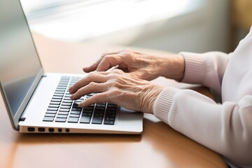 Old woman working on laptop computer at home