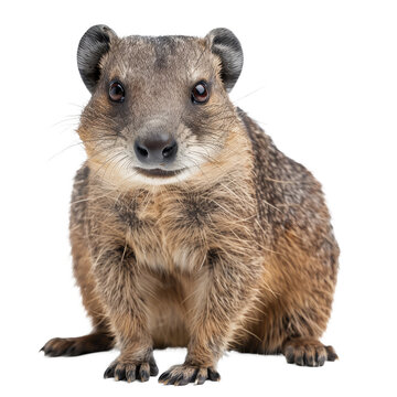 A rock hyrax is seated in front of a plain white backdrop, a rock hyrax isolated on transparent background