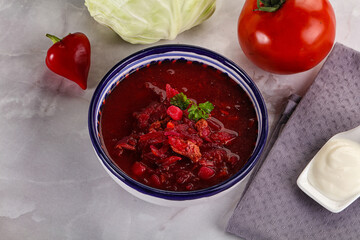 Borsch soup with cabbage and beetroot